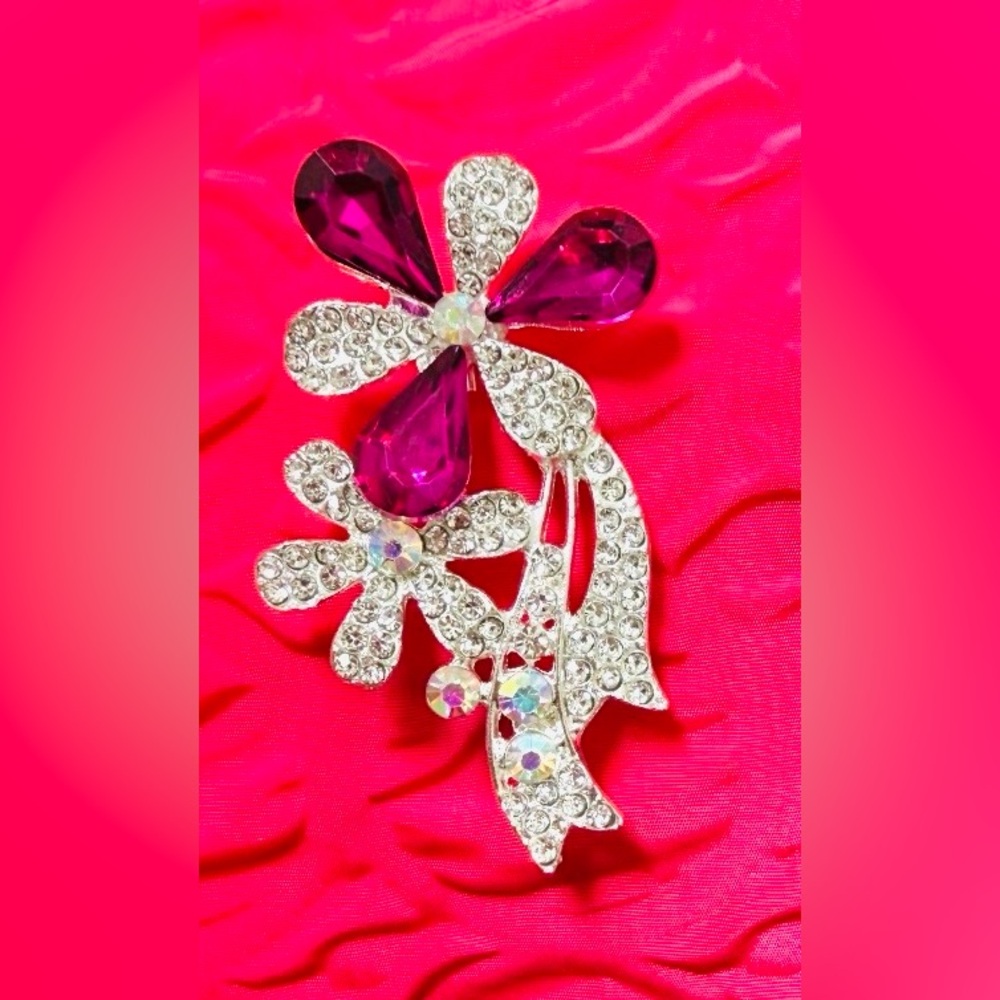 Elegant Crystal and fuschia Gem Floral Brooch in silver accent